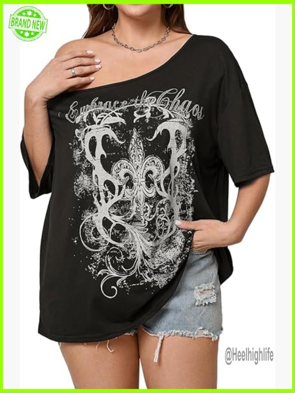 Plus Size Off Shoulder Graphic Tee Y2K Oversized T Shirt